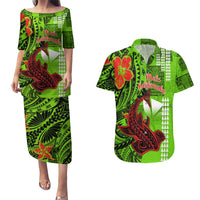 Personalised Hawaii Christmas Couples Matching Puletasi Dress and Hawaiian Shirt Mele Kalikimaka Kakau Polynesian Shark Tattoo LT14 Green - Polynesian Pride