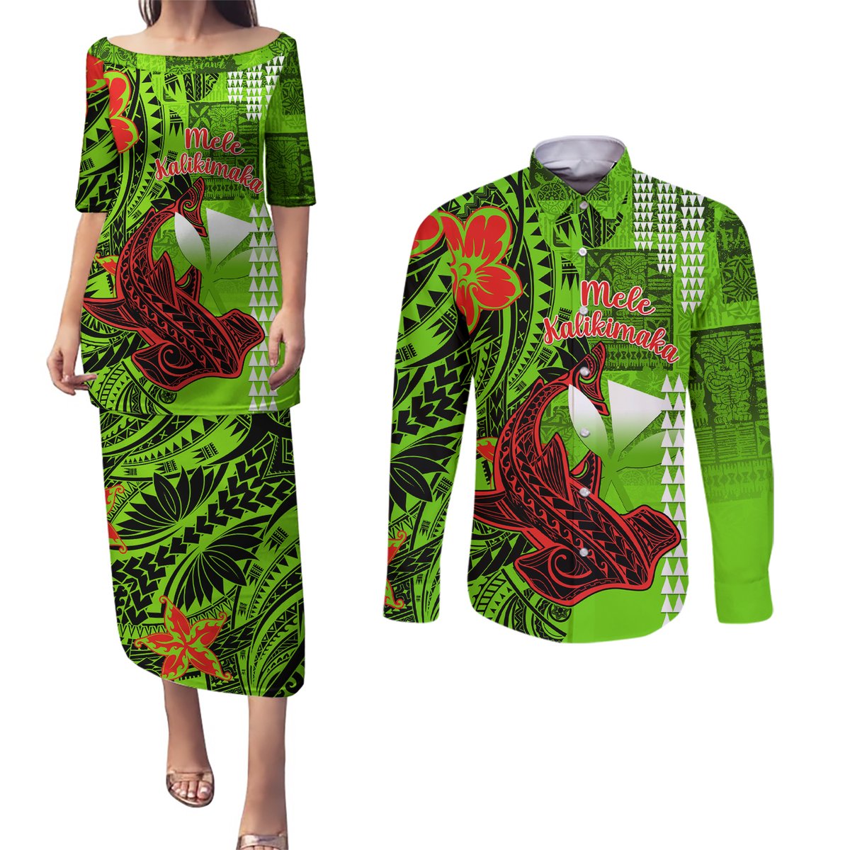 Personalised Hawaii Christmas Couples Matching Puletasi Dress and Long Sleeve Button Shirts Mele Kalikimaka Kakau Polynesian Shark Tattoo LT14 Green - Polynesian Pride