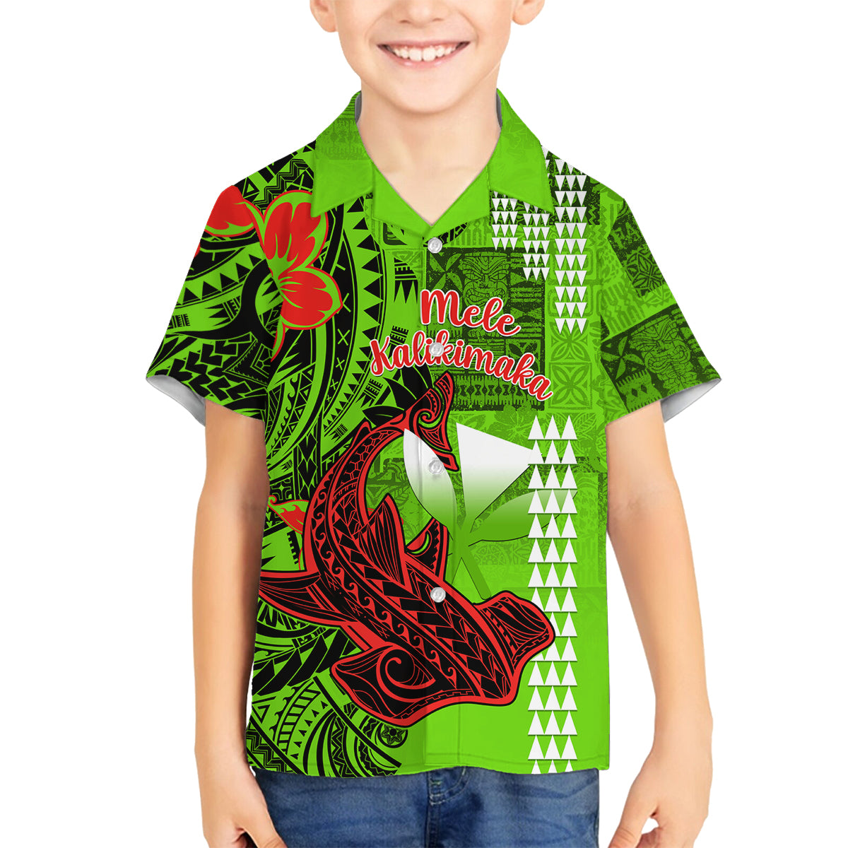 Personalised Hawaii Christmas Family Matching Off Shoulder Maxi Dress and Hawaiian Shirt Mele Kalikimaka Kakau Polynesian Shark Tattoo LT14 Son's Shirt Green - Polynesian Pride