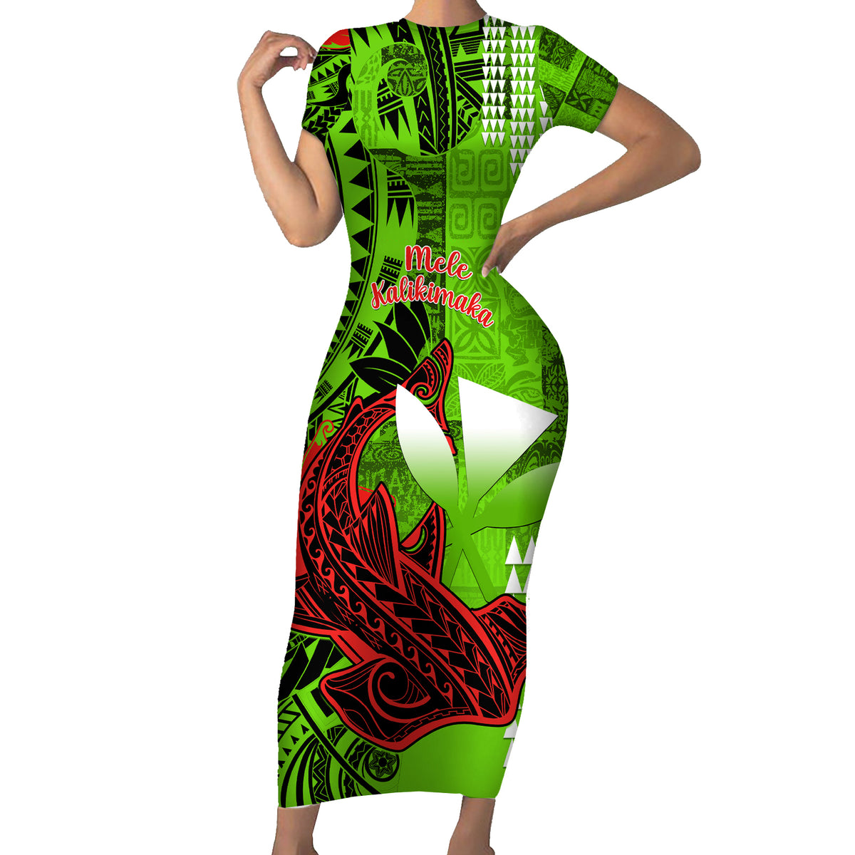 Personalised Hawaii Christmas Family Matching Short Sleeve Bodycon Dress and Hawaiian Shirt Mele Kalikimaka Kakau Polynesian Shark Tattoo LT14 Mom's Dress Green - Polynesian Pride