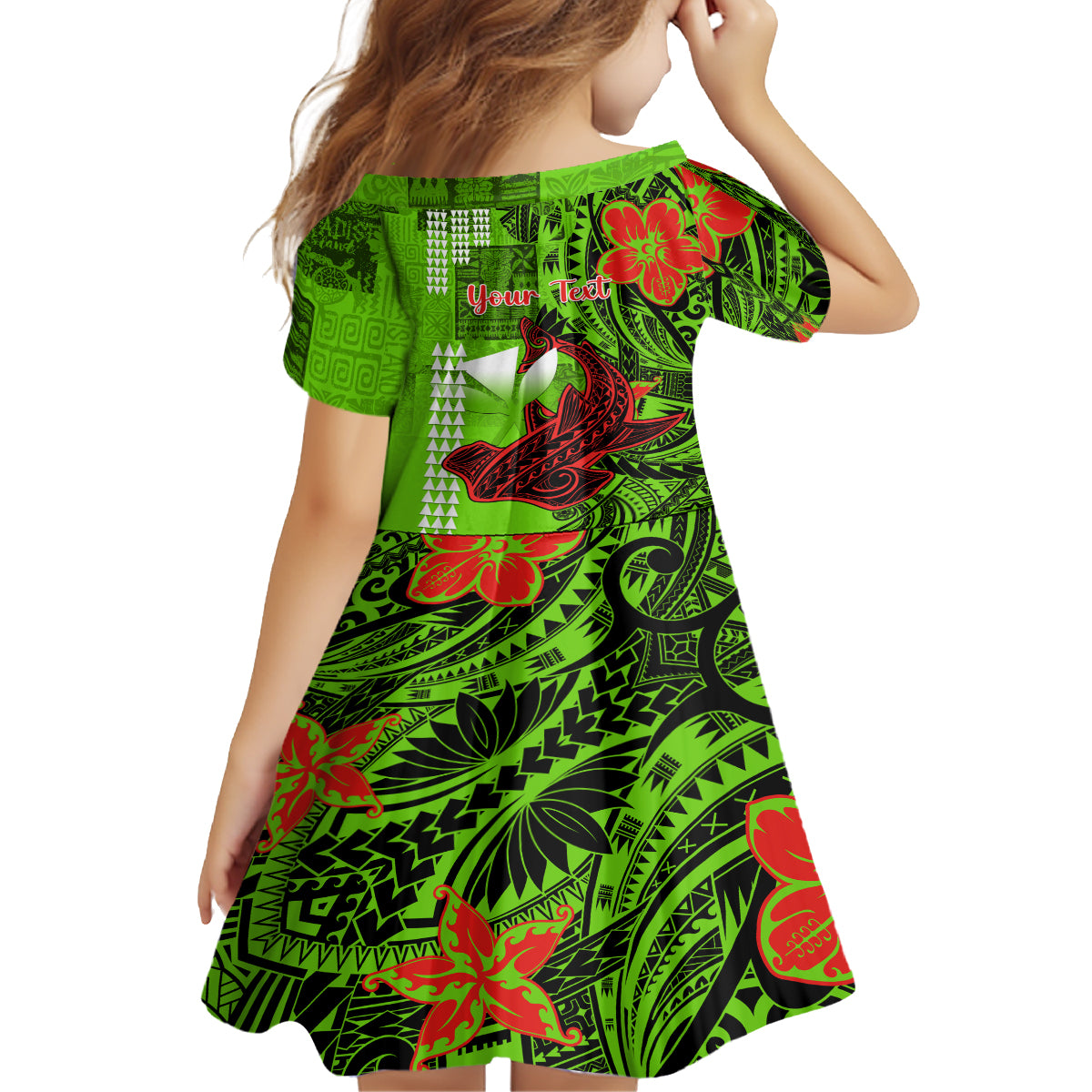 Personalised Hawaii Christmas Kid Short Sleeve Dress Mele Kalikimaka Kakau Polynesian Shark Tattoo LT14 - Polynesian Pride