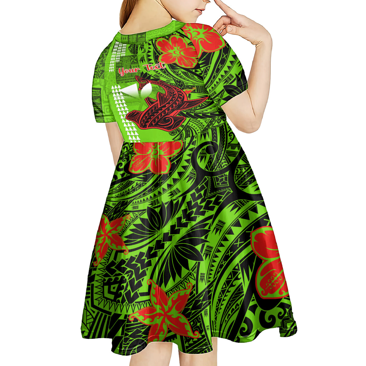 Personalised Hawaii Christmas Kid Short Sleeve Dress Mele Kalikimaka Kakau Polynesian Shark Tattoo LT14 - Polynesian Pride