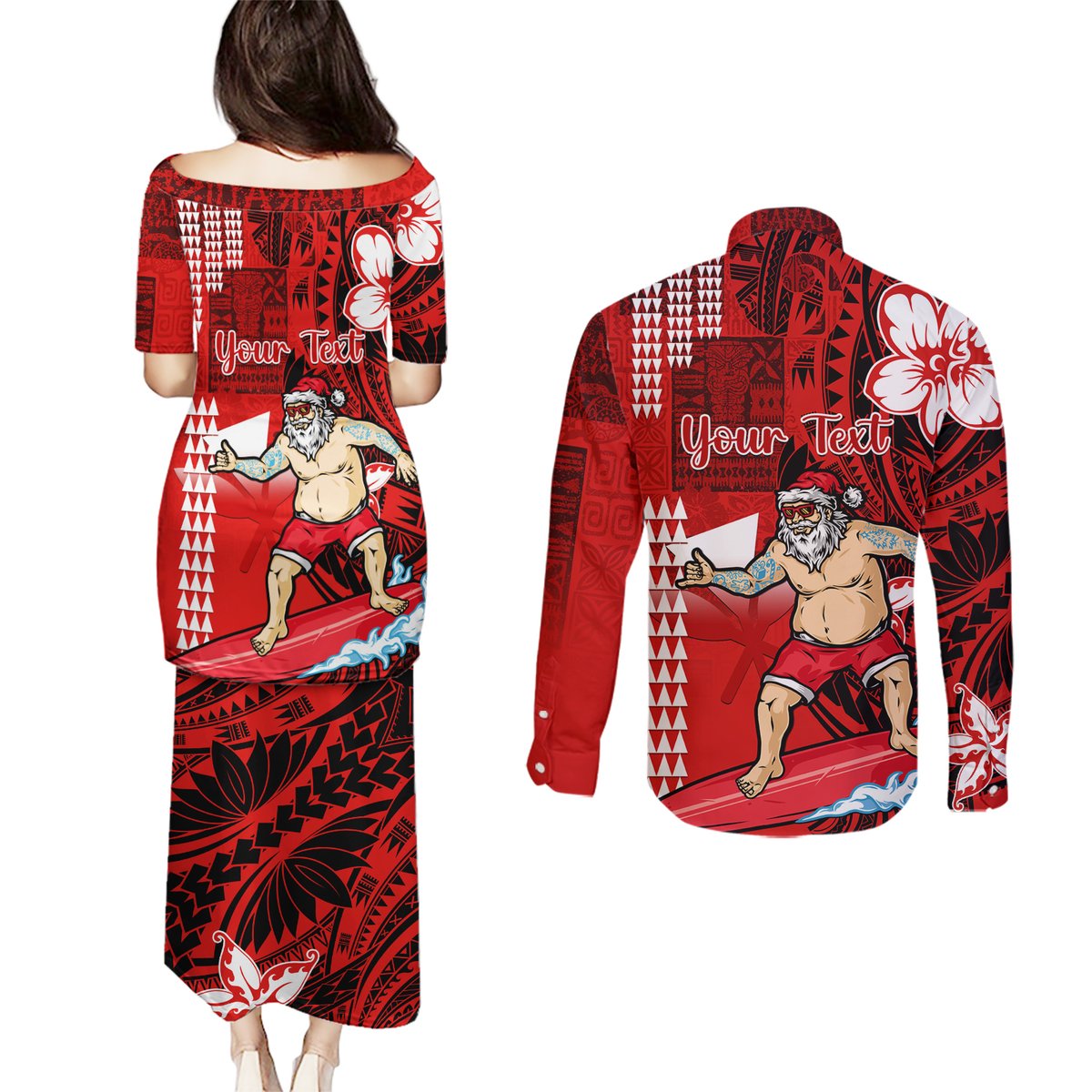 Personalised Hawaii Christmas Couples Matching Puletasi Dress and Long Sleeve Button Shirts Mele Kalikimaka Surfing Santa Claus LT14 - Polynesian Pride