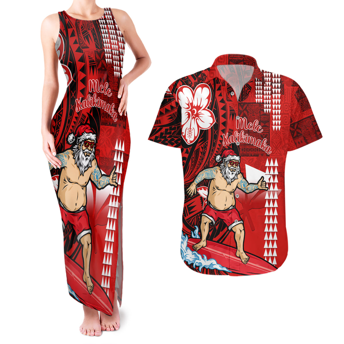 Personalised Hawaii Christmas Couples Matching Tank Maxi Dress and Hawaiian Shirt Mele Kalikimaka Surfing Santa Claus LT14 Red - Polynesian Pride