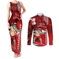 Personalised Hawaii Christmas Couples Matching Tank Maxi Dress and Long Sleeve Button Shirts Mele Kalikimaka Surfing Santa Claus LT14 Red - Polynesian Pride