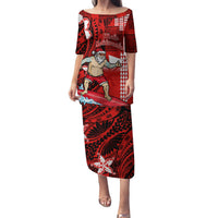 Personalised Hawaii Christmas Family Matching Puletasi Dress and Hawaiian Shirt Mele Kalikimaka Surfing Santa Claus LT14 Mom's Dress Red - Polynesian Pride