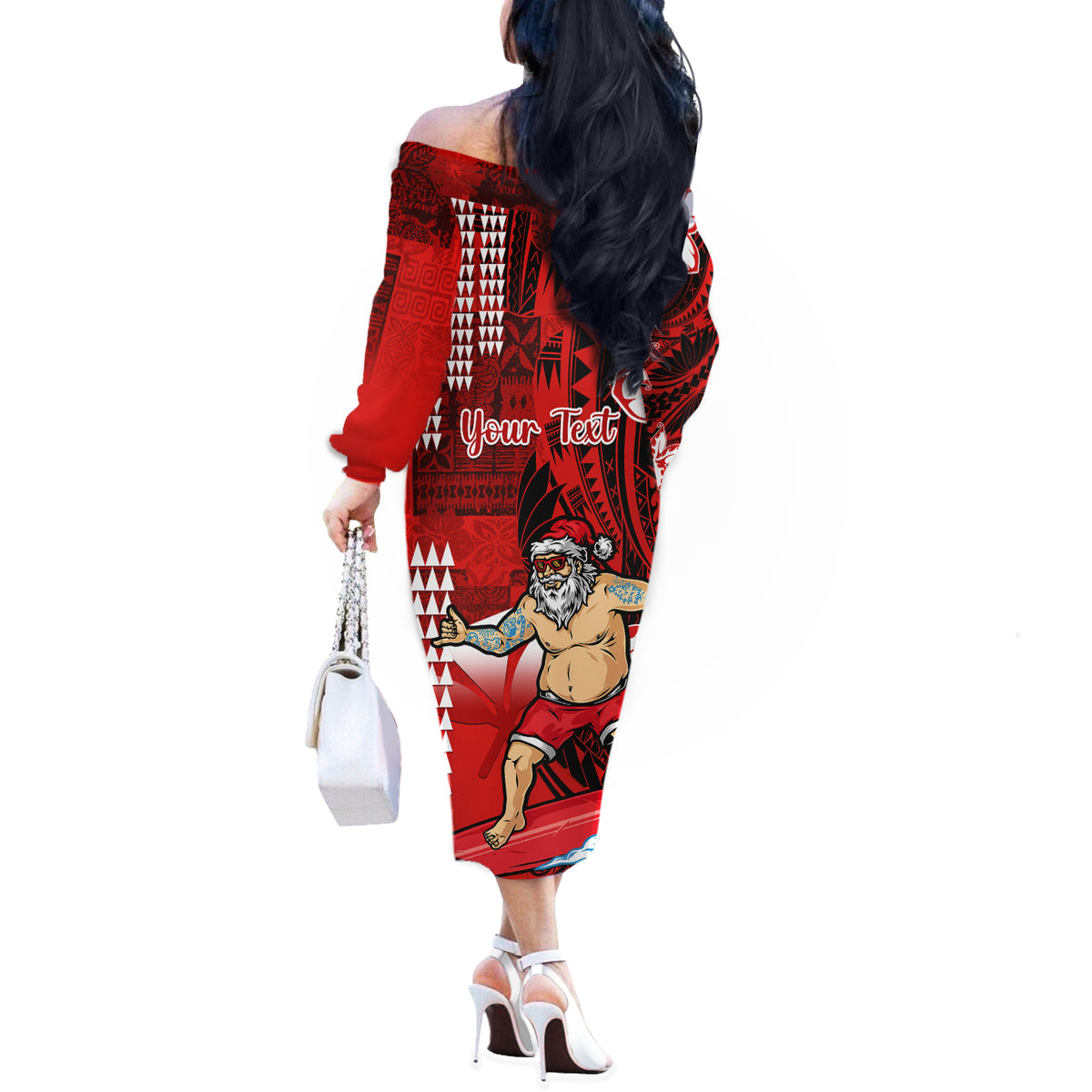 Personalised Hawaii Christmas Off The Shoulder Long Sleeve Dress Mele Kalikimaka Surfing Santa Claus LT14 - Polynesian Pride
