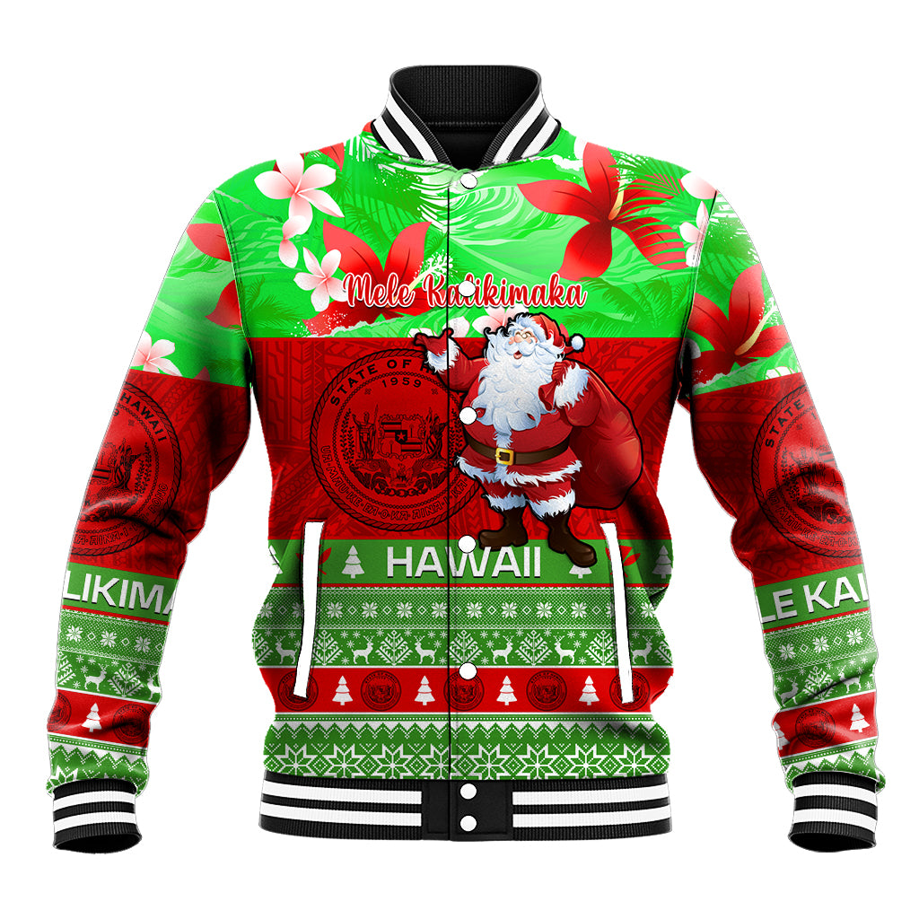 Personalised Hawaii Christmas Baseball Jacket Mele Kalikimaka Hawaiian Santa Tropical Vibes LT14 Unisex Red - Polynesian Pride