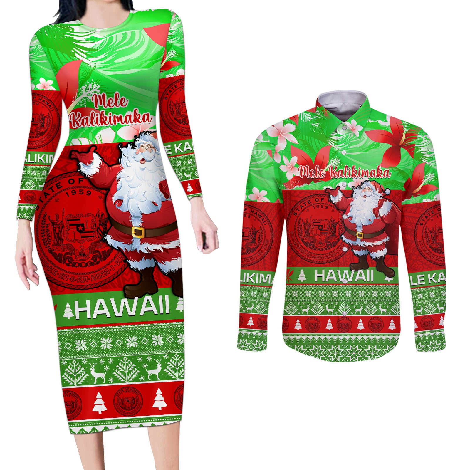 Personalised Hawaii Christmas Couples Matching Long Sleeve Bodycon Dress and Long Sleeve Button Shirts Mele Kalikimaka Hawaiian Santa Tropical Vibes LT14 Red - Polynesian Pride