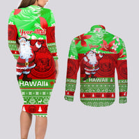 Personalised Hawaii Christmas Couples Matching Long Sleeve Bodycon Dress and Long Sleeve Button Shirts Mele Kalikimaka Hawaiian Santa Tropical Vibes LT14 - Polynesian Pride