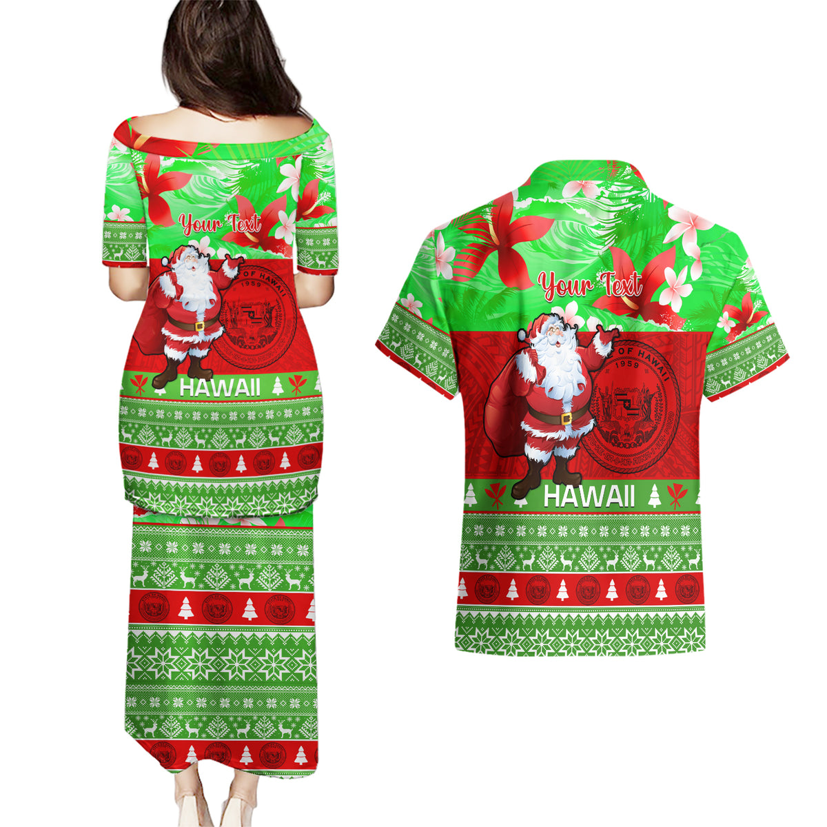 Personalised Hawaii Christmas Couples Matching Puletasi Dress and Hawaiian Shirt Mele Kalikimaka Hawaiian Santa Tropical Vibes LT14 - Polynesian Pride