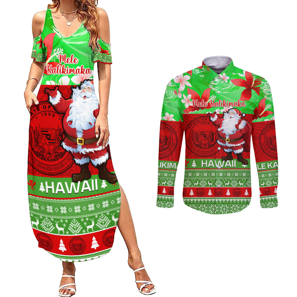 Personalised Hawaii Christmas Couples Matching Summer Maxi Dress and Long Sleeve Button Shirts Mele Kalikimaka Hawaiian Santa Tropical Vibes LT14 Red - Polynesian Pride
