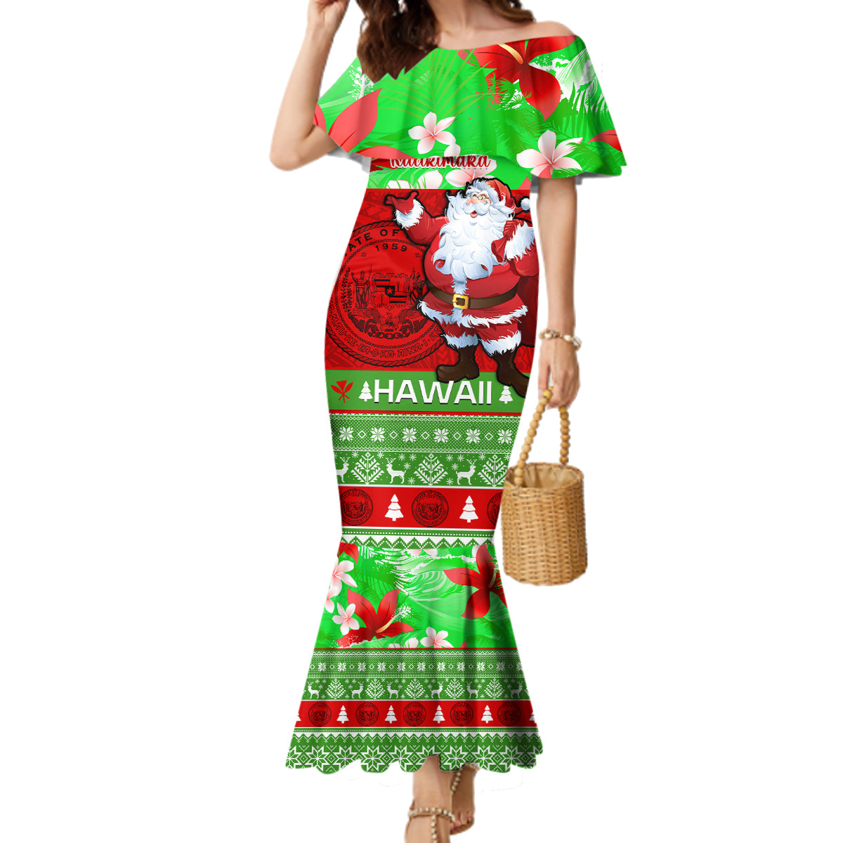 Personalised Hawaii Christmas Family Matching Mermaid Dress and Hawaiian Shirt Mele Kalikimaka Hawaiian Santa Tropical Vibes LT14 Mom's Dress Red - Polynesian Pride