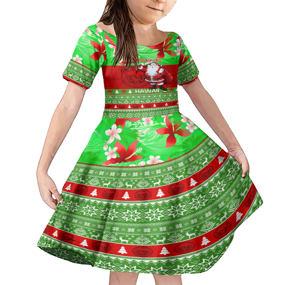 Personalised Hawaii Christmas Kid Short Sleeve Dress Mele Kalikimaka Hawaiian Santa Tropical Vibes LT14 KID Red - Polynesian Pride