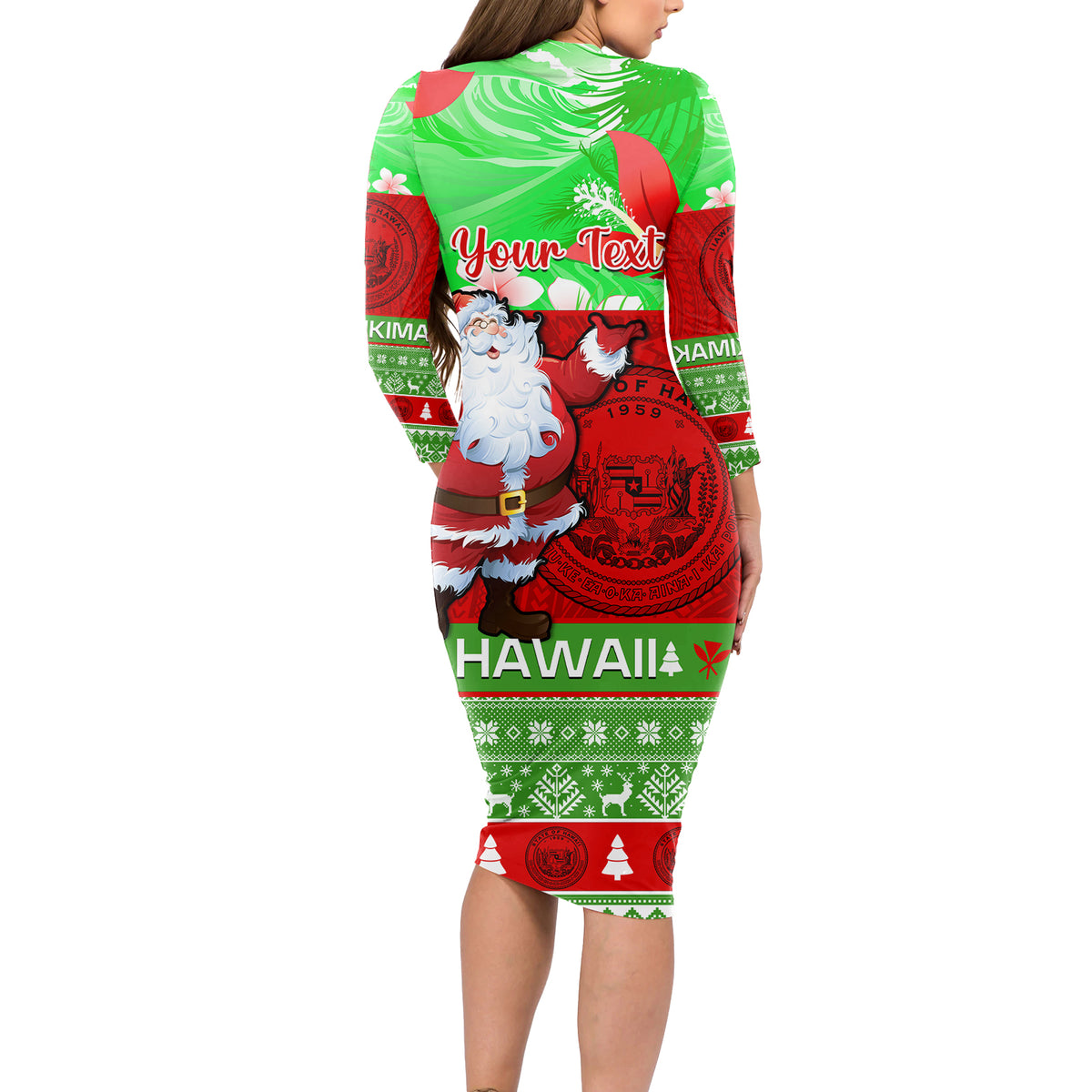 Personalised Hawaii Christmas Long Sleeve Bodycon Dress Mele Kalikimaka Hawaiian Santa Tropical Vibes LT14 - Polynesian Pride