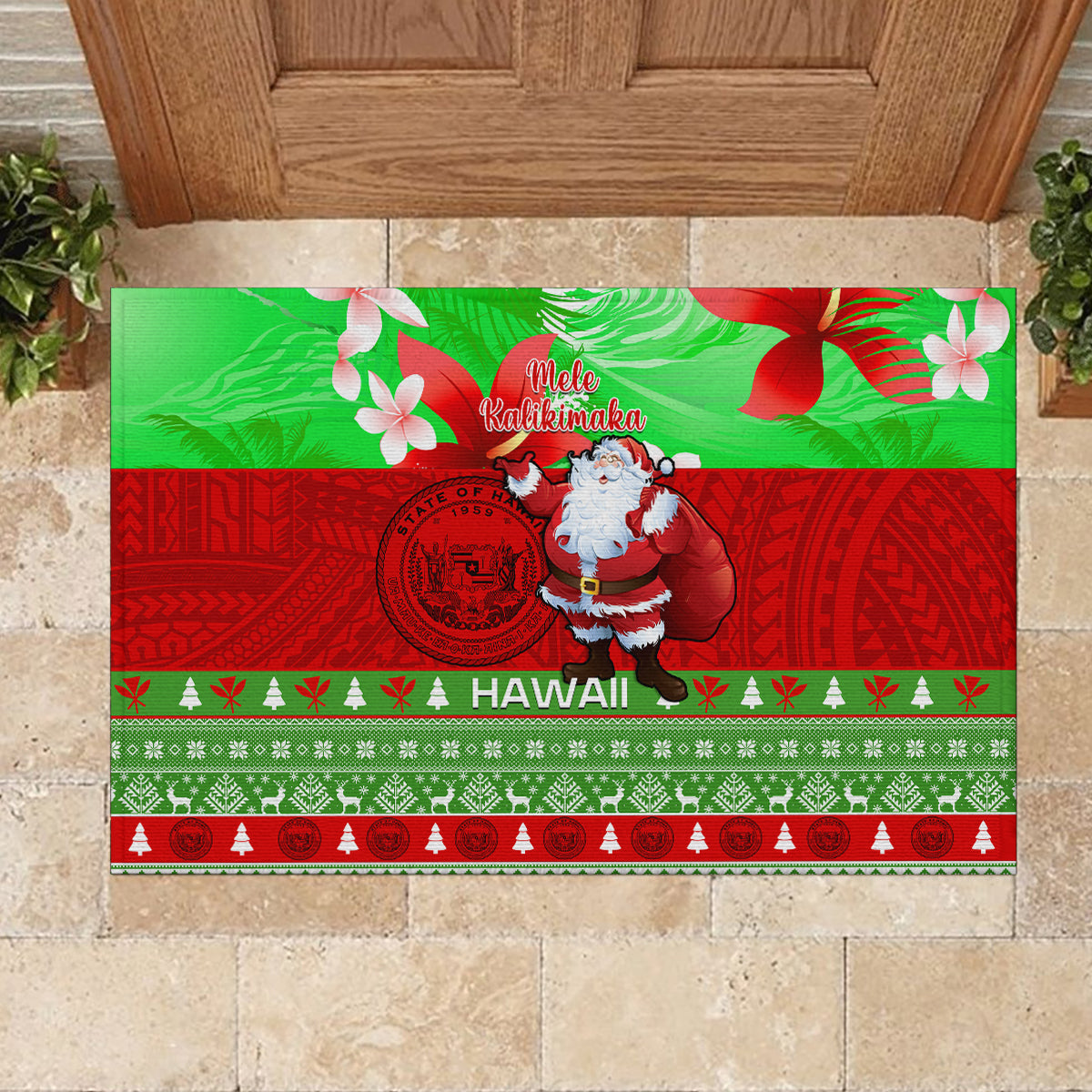 Personalised Hawaii Christmas Rubber Doormat Mele Kalikimaka Hawaiian Santa Tropical Vibes LT14 - Polynesian Pride