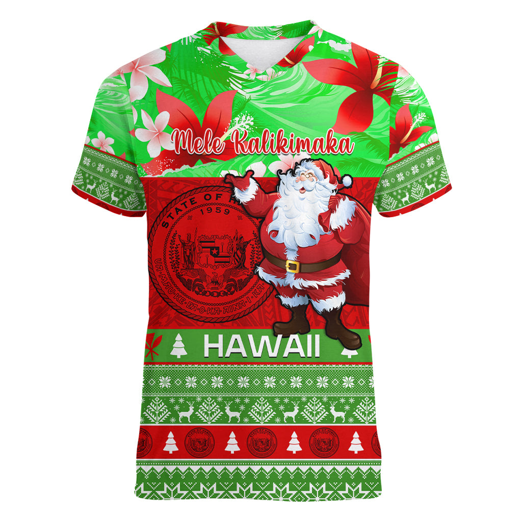 Personalised Hawaii Christmas Women V Neck T Shirt Mele Kalikimaka Hawaiian Santa Tropical Vibes LT14 Female Red - Polynesian Pride