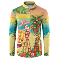 Hawaii Christmas Mele Kalikimaka Button Sweatshirt Santa Decorating Xmas Palm Tree Tropical Vibes LT14 Multicolor - Polynesian Pride