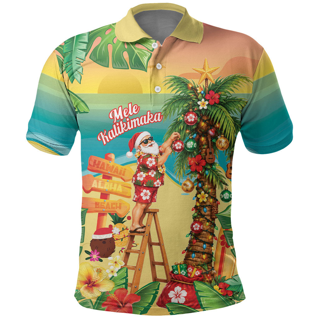 Hawaii Christmas Mele Kalikimaka Polo Shirt Santa Decorating Xmas Palm Tree Tropical Vibes LT14 Multicolor - Polynesian Pride