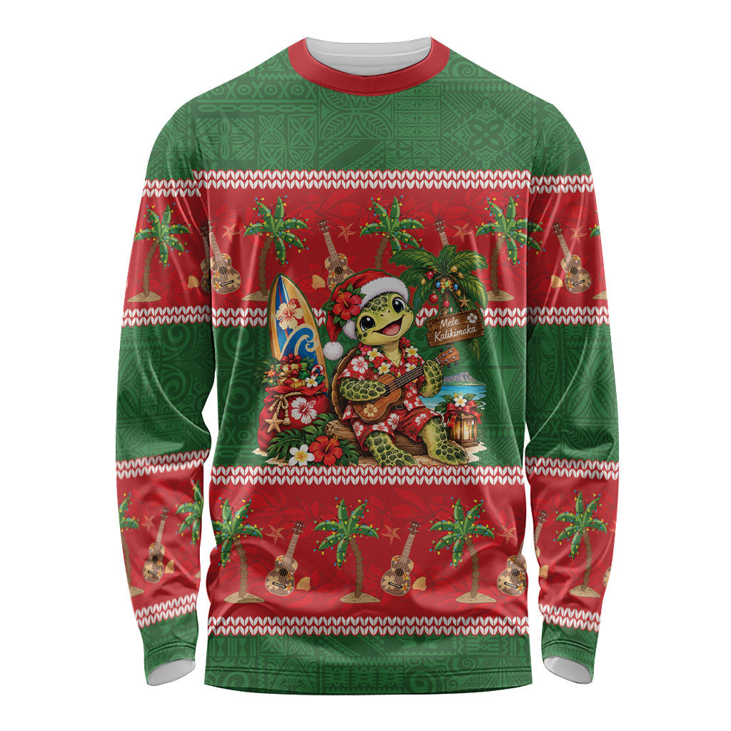 Hawaii Christmas Mele Kalikimaka Long Sleeve Shirt Aloha Turtle Santa With Ukulele LT14 Unisex Red - Polynesian Pride