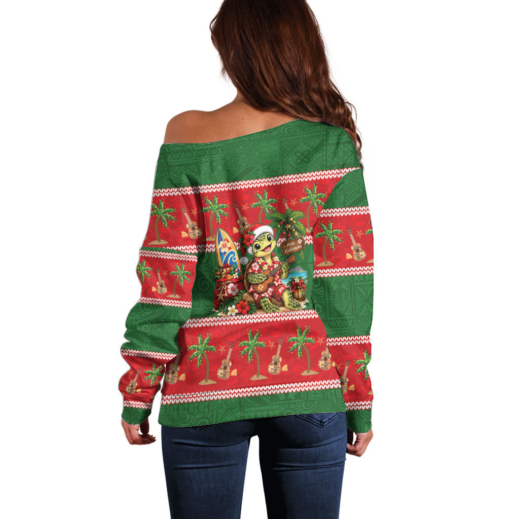 Hawaii Christmas Mele Kalikimaka Off Shoulder Sweater Aloha Turtle Santa With Ukulele LT14 - Polynesian Pride