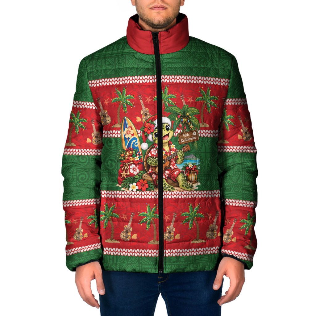 Hawaii Christmas Mele Kalikimaka Padded Jacket Aloha Turtle Santa With Ukulele LT14 Men Red - Polynesian Pride