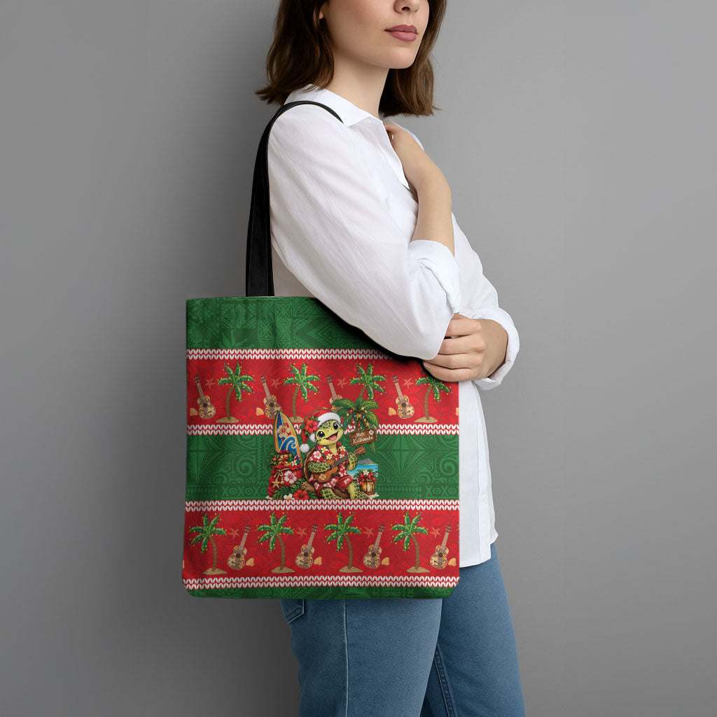 Hawaii Christmas Mele Kalikimaka Tote Bag Aloha Turtle Santa With Ukulele LT14 - Polynesian Pride
