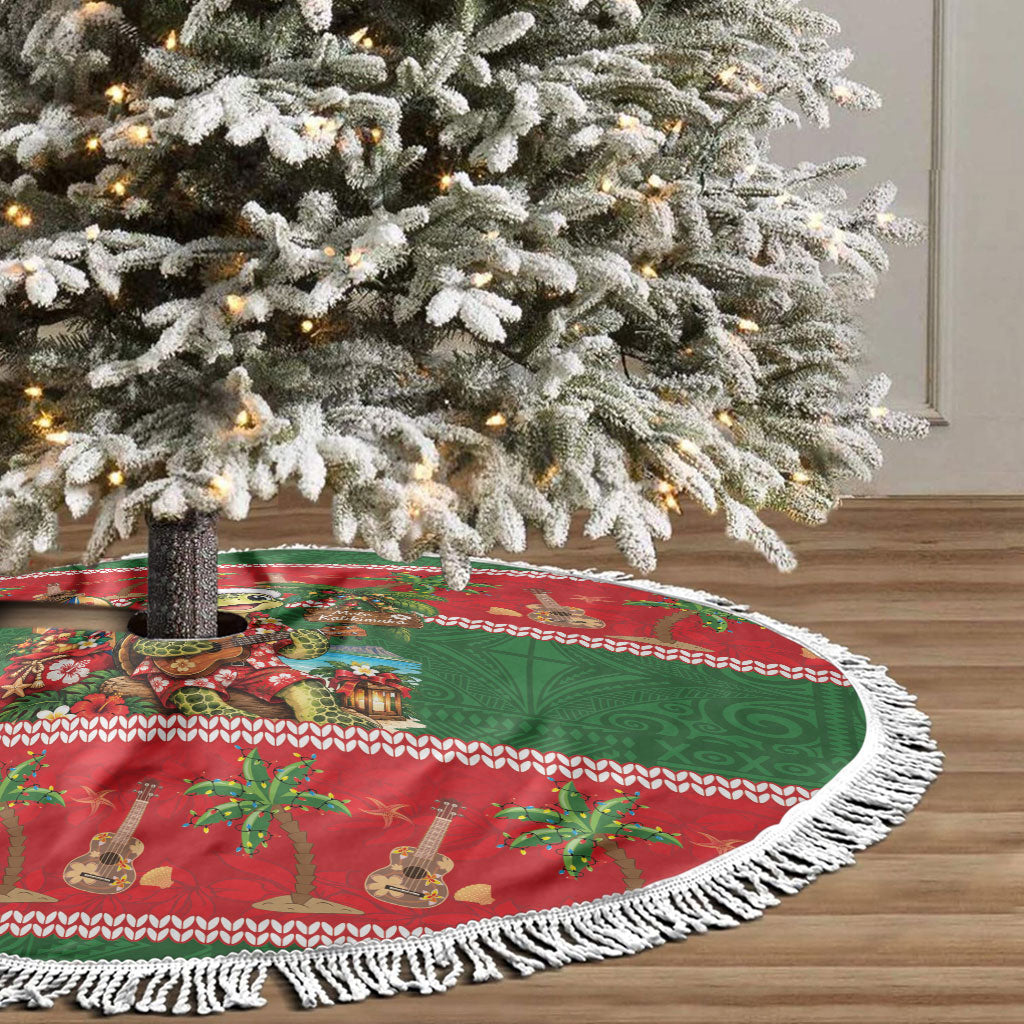 Hawaii Christmas Mele Kalikimaka Tree Skirt Aloha Turtle Santa With Ukulele LT14 - Polynesian Pride