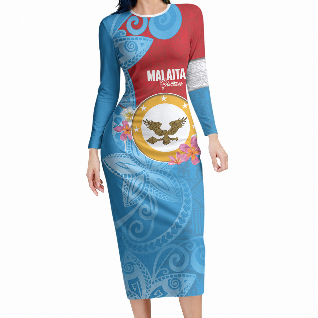 Personalised Malaita Province Day Long Sleeve Bodycon Dress Solomon Islands Maramapaina Flag Color LT14 Long Dress Blue - Polynesian Pride