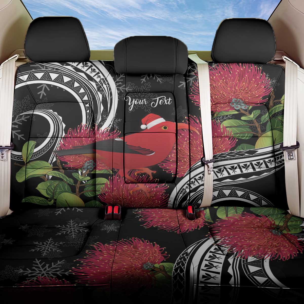 Personalized Mele Kalikimaka Hawaii Back Car Seat Cover I'iwi Bird With Ohia Lehua - Black Color LT14 One Size Black - Polynesian Pride