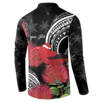 Personalized Mele Kalikimaka Hawaii Button Sweatshirt I'iwi Bird With Ohia Lehua - Black Color LT14 - Polynesian Pride
