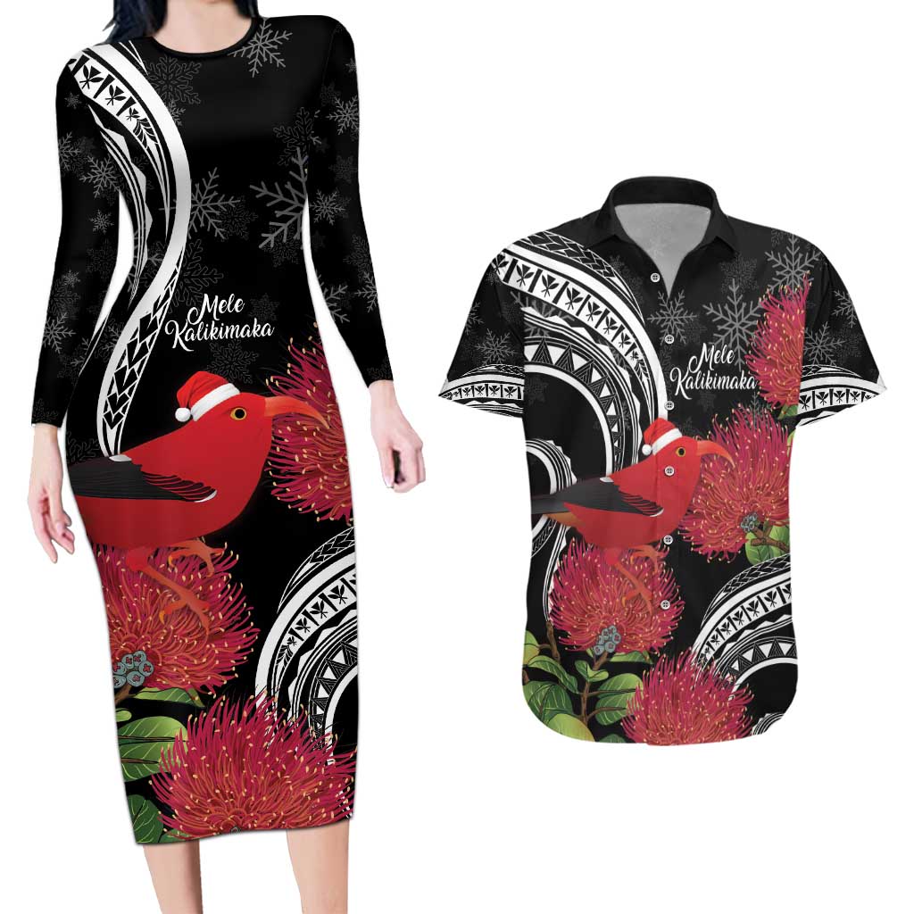 Personalized Mele Kalikimaka Hawaii Couples Matching Long Sleeve Bodycon Dress and Hawaiian Shirt I'iwi Bird With Ohia Lehua - Black Color LT14 Black - Polynesian Pride
