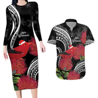 Personalized Mele Kalikimaka Hawaii Couples Matching Long Sleeve Bodycon Dress and Hawaiian Shirt I'iwi Bird With Ohia Lehua - Black Color LT14 Black - Polynesian Pride