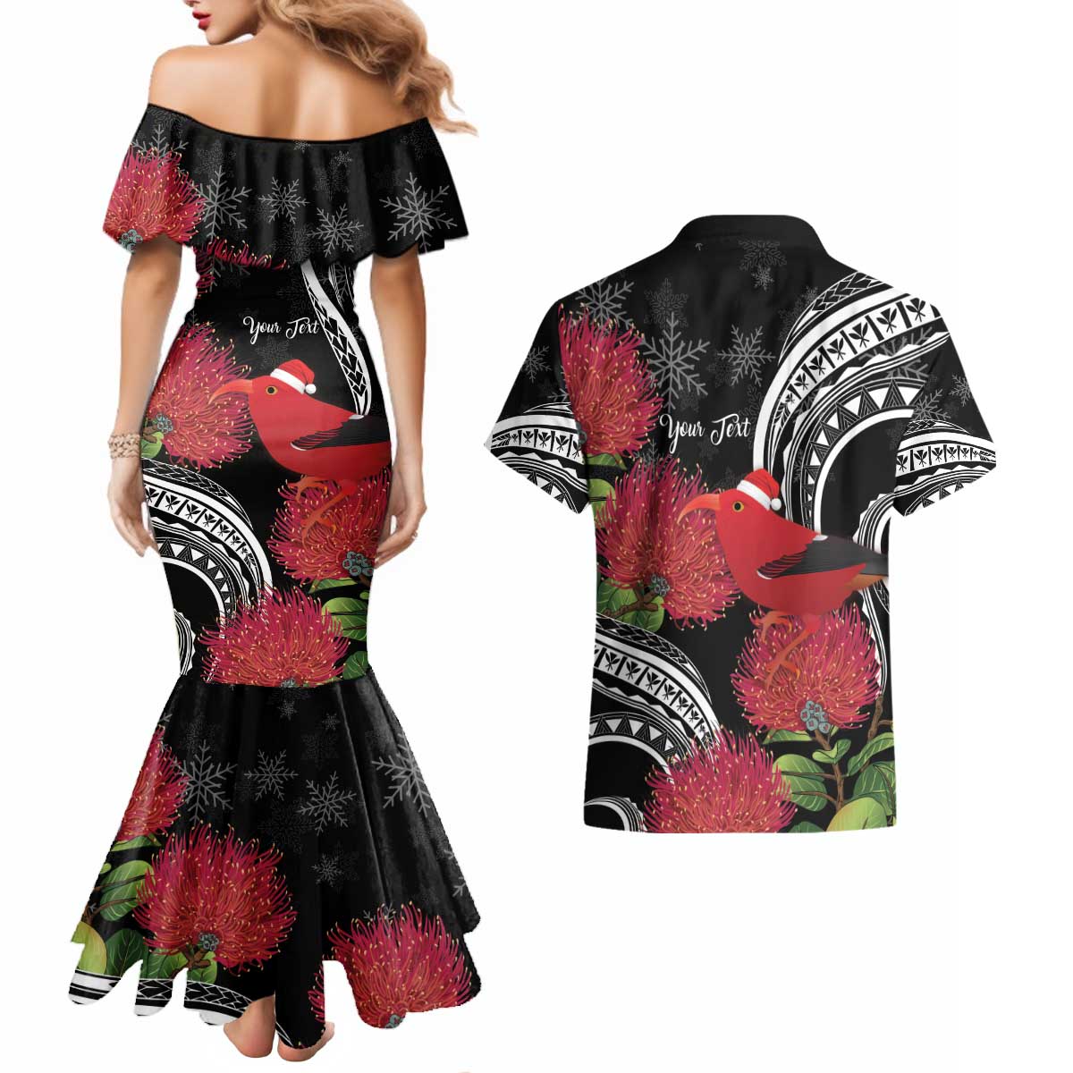 Personalized Mele Kalikimaka Hawaii Couples Matching Mermaid Dress and Hawaiian Shirt I'iwi Bird With Ohia Lehua - Black Color LT14 - Polynesian Pride