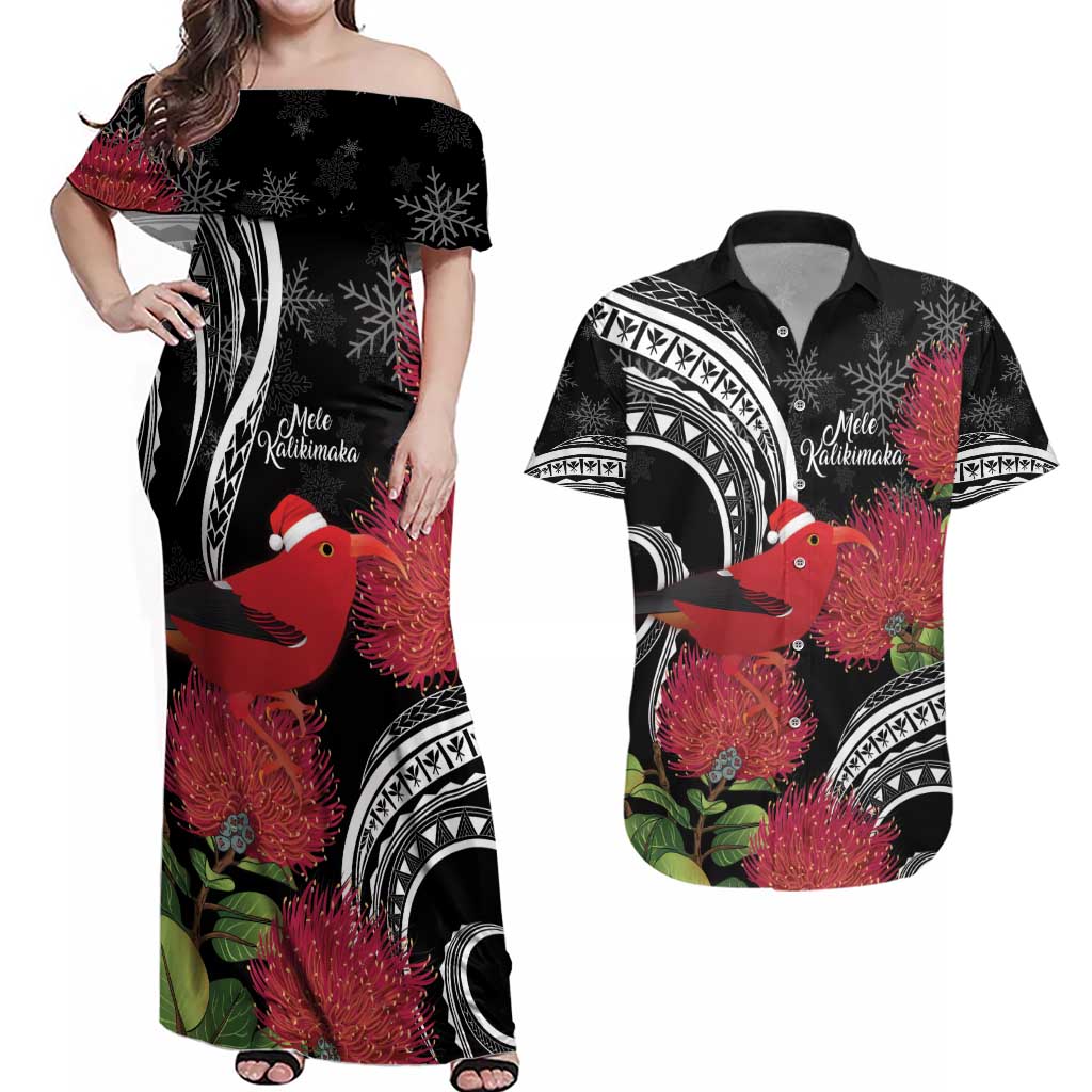 Personalized Mele Kalikimaka Hawaii Couples Matching Off Shoulder Maxi Dress and Hawaiian Shirt I'iwi Bird With Ohia Lehua - Black Color LT14 Black - Polynesian Pride