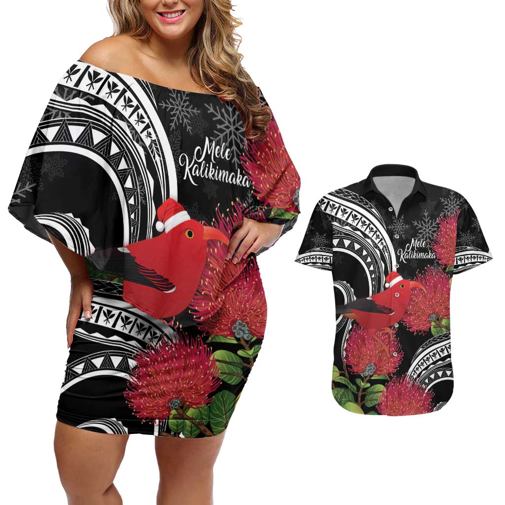Personalized Mele Kalikimaka Hawaii Couples Matching Off Shoulder Short Dress and Hawaiian Shirt I'iwi Bird With Ohia Lehua - Black Color