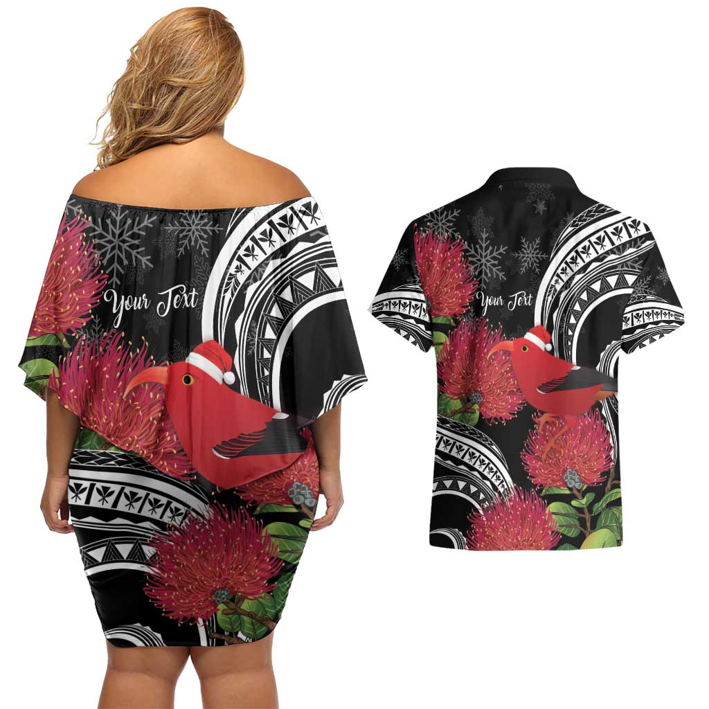Personalized Mele Kalikimaka Hawaii Couples Matching Off Shoulder Short Dress and Hawaiian Shirt I'iwi Bird With Ohia Lehua - Black Color