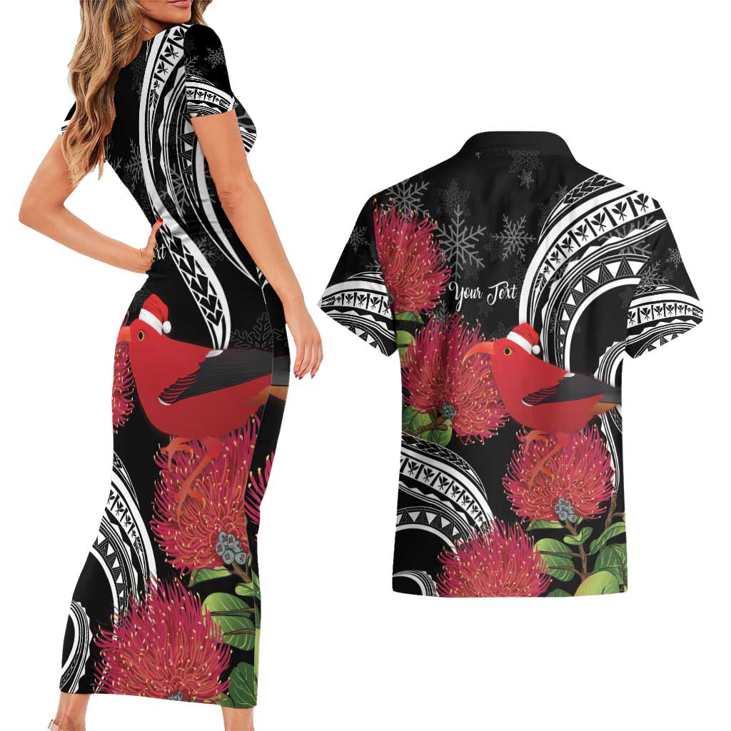 Personalized Mele Kalikimaka Hawaii Couples Matching Short Sleeve Bodycon Dress and Hawaiian Shirt I'iwi Bird With Ohia Lehua - Black Color LT14 - Polynesian Pride