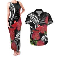 Personalized Mele Kalikimaka Hawaii Couples Matching Tank Maxi Dress and Hawaiian Shirt I'iwi Bird With Ohia Lehua - Black Color