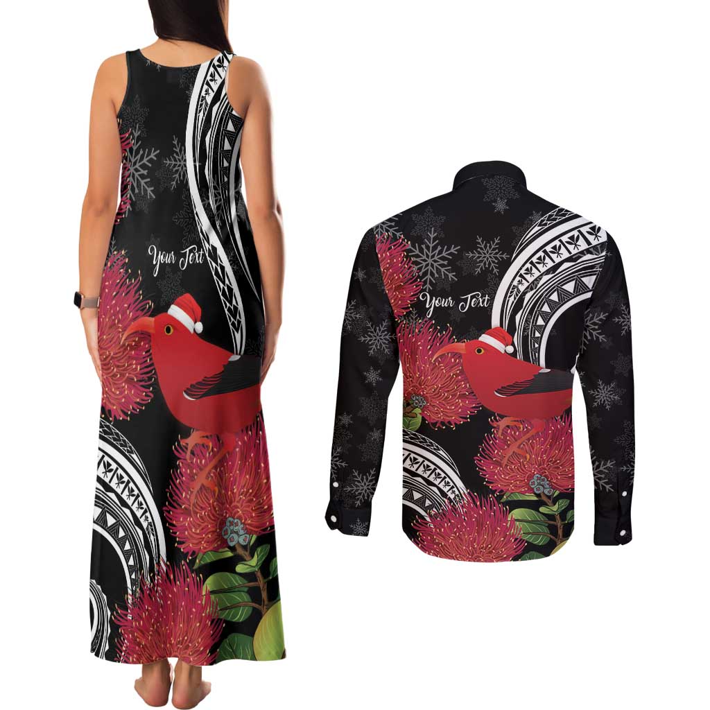 Personalized Mele Kalikimaka Hawaii Couples Matching Tank Maxi Dress and Long Sleeve Button Shirt I'iwi Bird With Ohia Lehua - Black Color