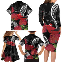 Personalized Mele Kalikimaka Hawaii Family Matching Long Sleeve Bodycon Dress and Hawaiian Shirt I'iwi Bird With Ohia Lehua - Black Color LT14 - Polynesian Pride