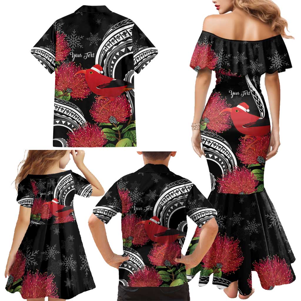 Personalized Mele Kalikimaka Hawaii Family Matching Mermaid Dress and Hawaiian Shirt I'iwi Bird With Ohia Lehua - Black Color LT14 - Polynesian Pride
