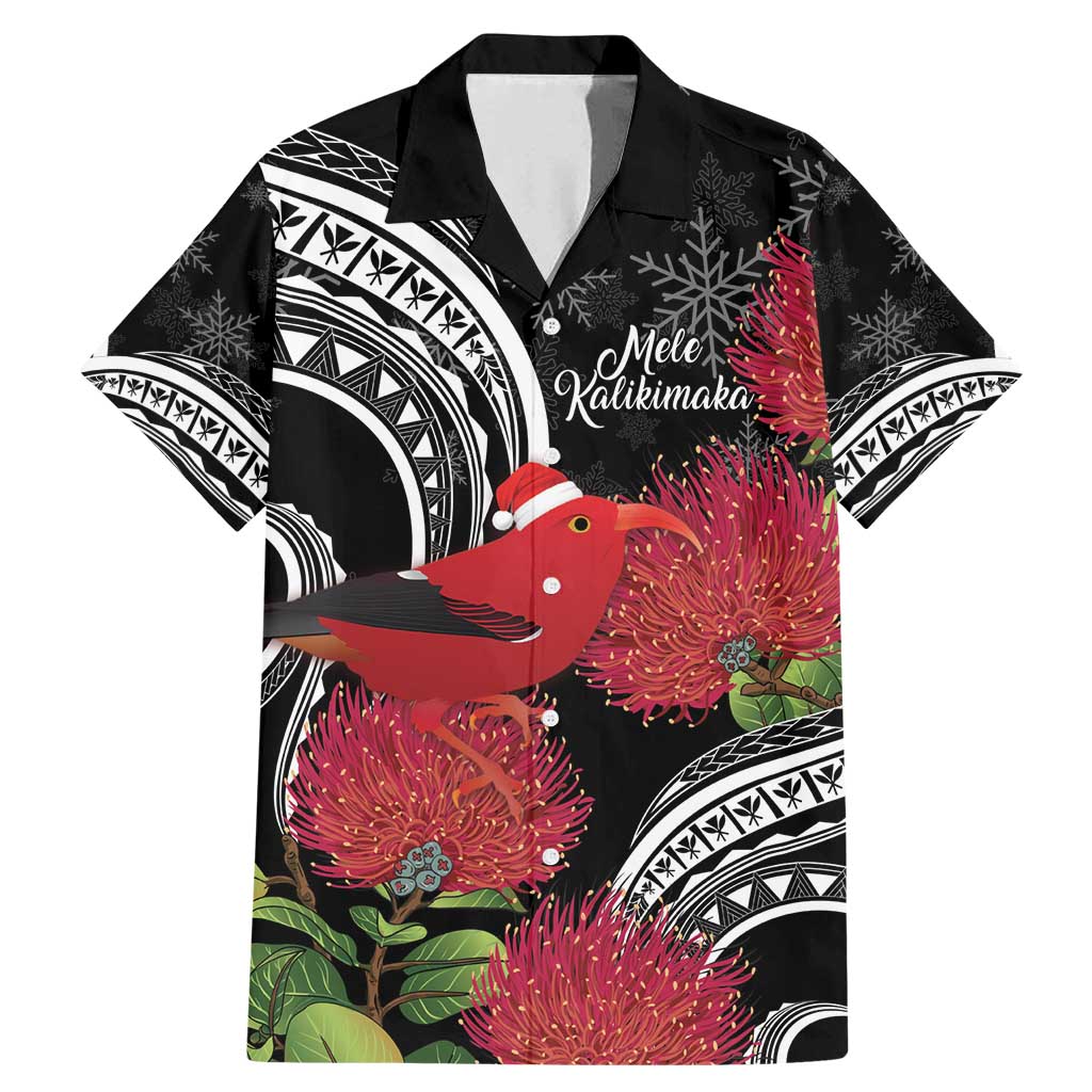 Personalized Mele Kalikimaka Hawaii Family Matching Mermaid Dress and Hawaiian Shirt I'iwi Bird With Ohia Lehua - Black Color LT14 Dad's Shirt - Short Sleeve Black - Polynesian Pride