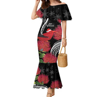 Personalized Mele Kalikimaka Hawaii Family Matching Mermaid Dress and Hawaiian Shirt I'iwi Bird With Ohia Lehua - Black Color LT14 Mom's Dress Black - Polynesian Pride