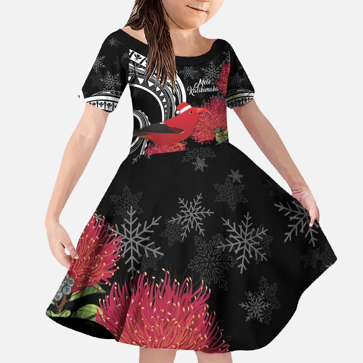 Personalized Mele Kalikimaka Hawaii Family Matching Off The Shoulder Long Sleeve Dress and Hawaiian Shirt I'iwi Bird With Ohia Lehua - Black Color LT14 Daughter's Dress Black - Polynesian Pride