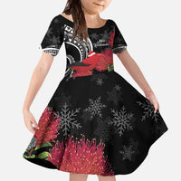 Personalized Mele Kalikimaka Hawaii Family Matching Off The Shoulder Long Sleeve Dress and Hawaiian Shirt I'iwi Bird With Ohia Lehua - Black Color LT14 Daughter's Dress Black - Polynesian Pride