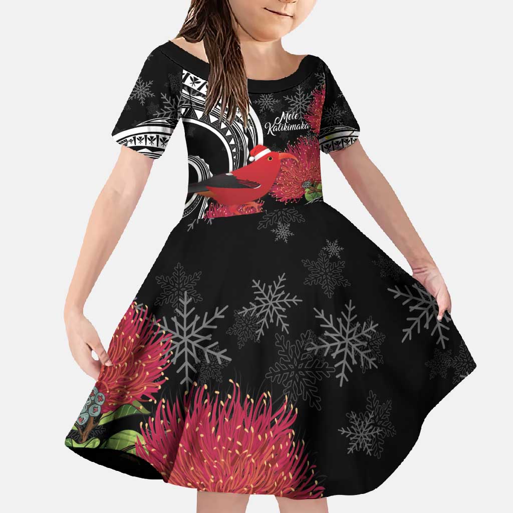 Personalized Mele Kalikimaka Hawaii Family Matching Off Shoulder Maxi Dress and Hawaiian Shirt I'iwi Bird With Ohia Lehua - Black Color LT14 Daughter's Dress Black - Polynesian Pride