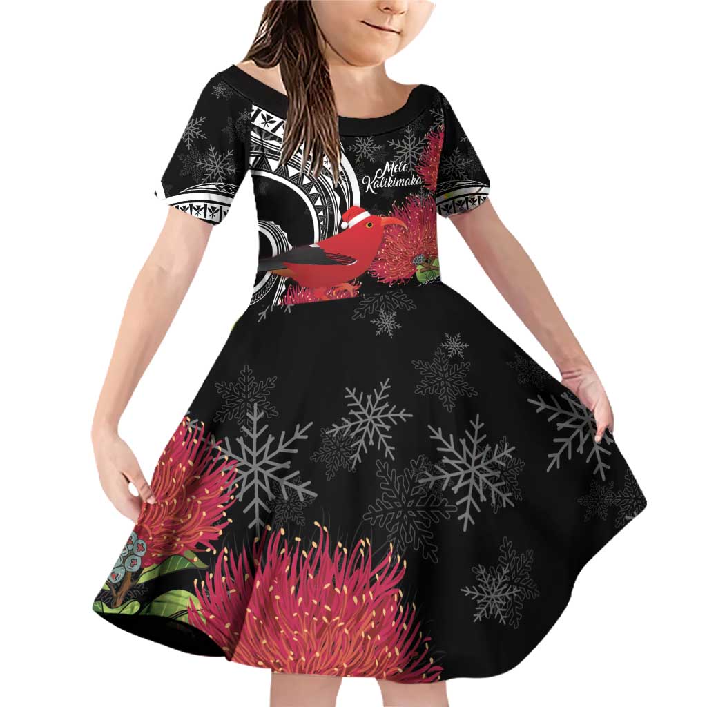 Personalized Mele Kalikimaka Hawaii Family Matching Off Shoulder Short Dress and Hawaiian Shirt I'iwi Bird With Ohia Lehua - Black Color LT14 Daughter's Dress Black - Polynesian Pride