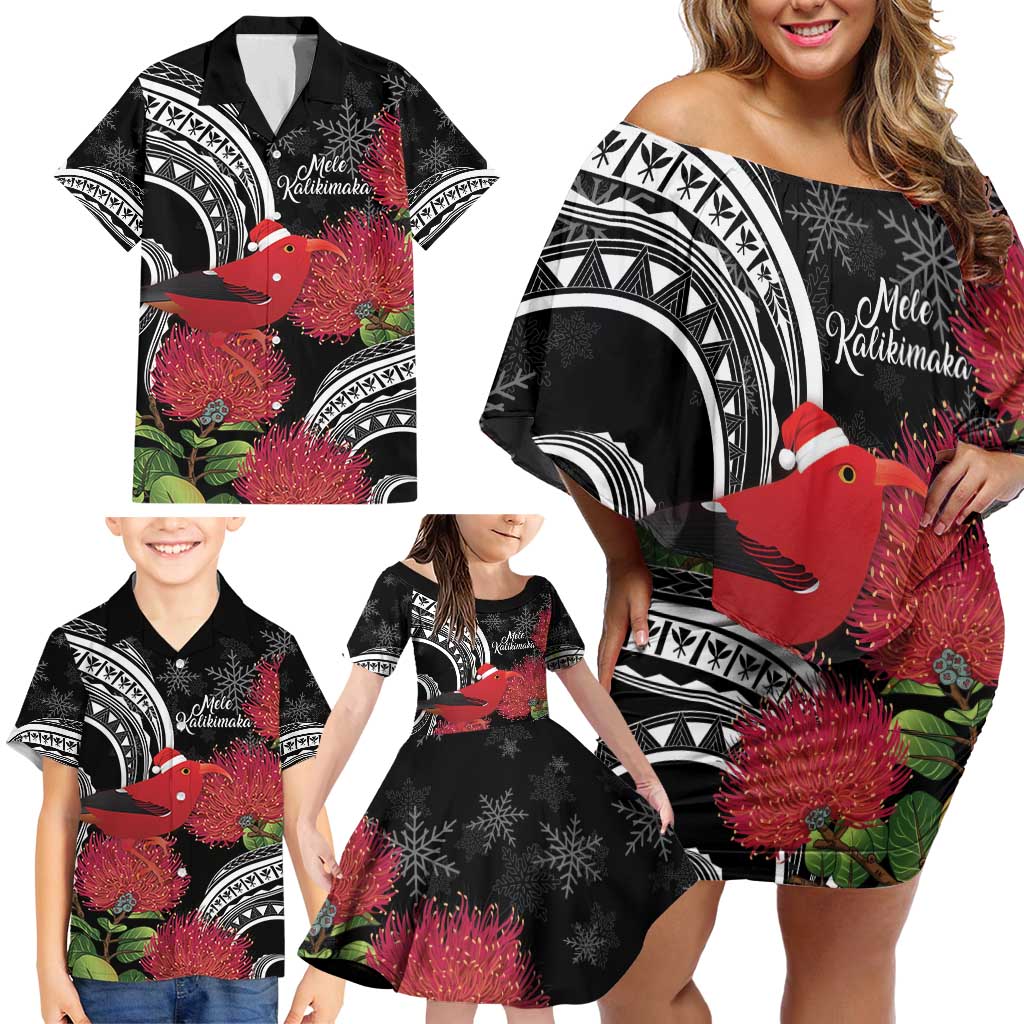 Personalized Mele Kalikimaka Hawaii Family Matching Off Shoulder Short Dress and Hawaiian Shirt I'iwi Bird With Ohia Lehua - Black Color LT14 - Polynesian Pride