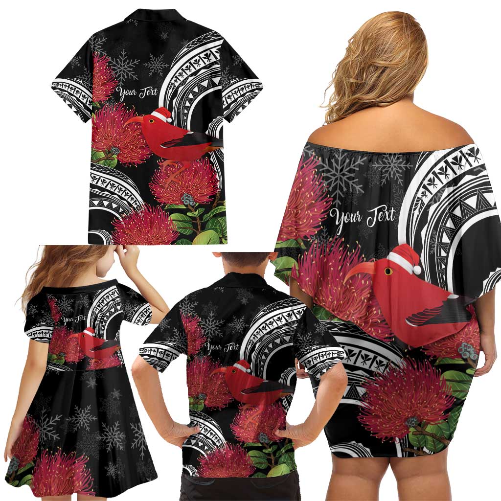 Personalized Mele Kalikimaka Hawaii Family Matching Off Shoulder Short Dress and Hawaiian Shirt I'iwi Bird With Ohia Lehua - Black Color LT14 - Polynesian Pride